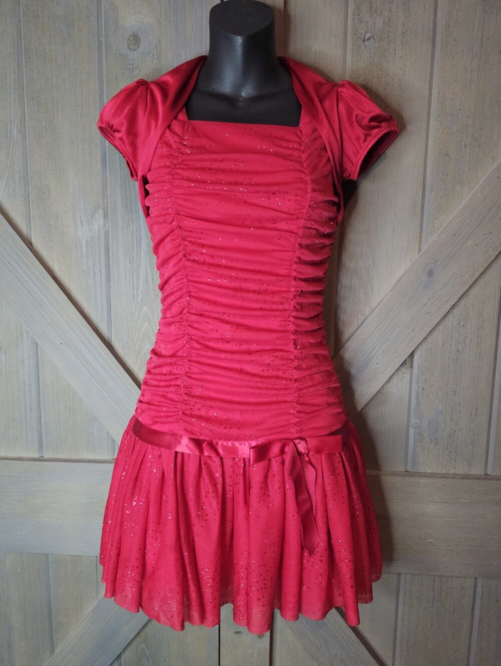 Y2k Amy Byer Girls Red Sparkly Ruched Short Sleeve Dress sz 12